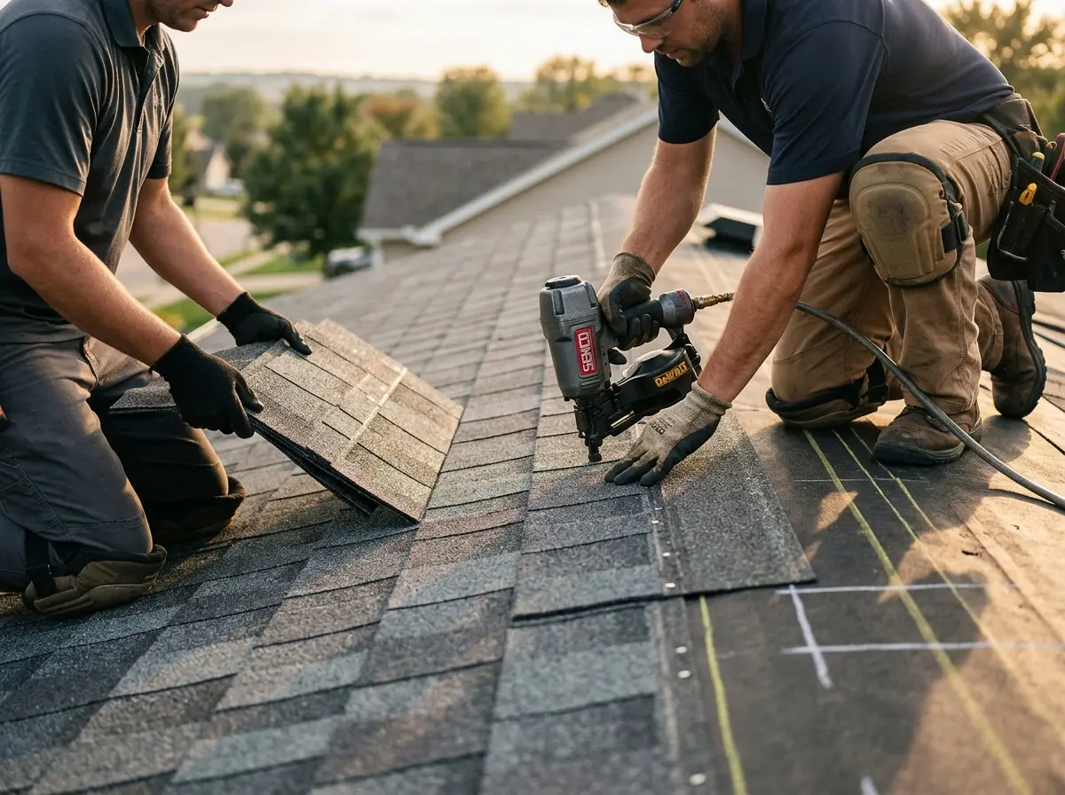 Professional roofer working on a residential roof in Rio del Mar